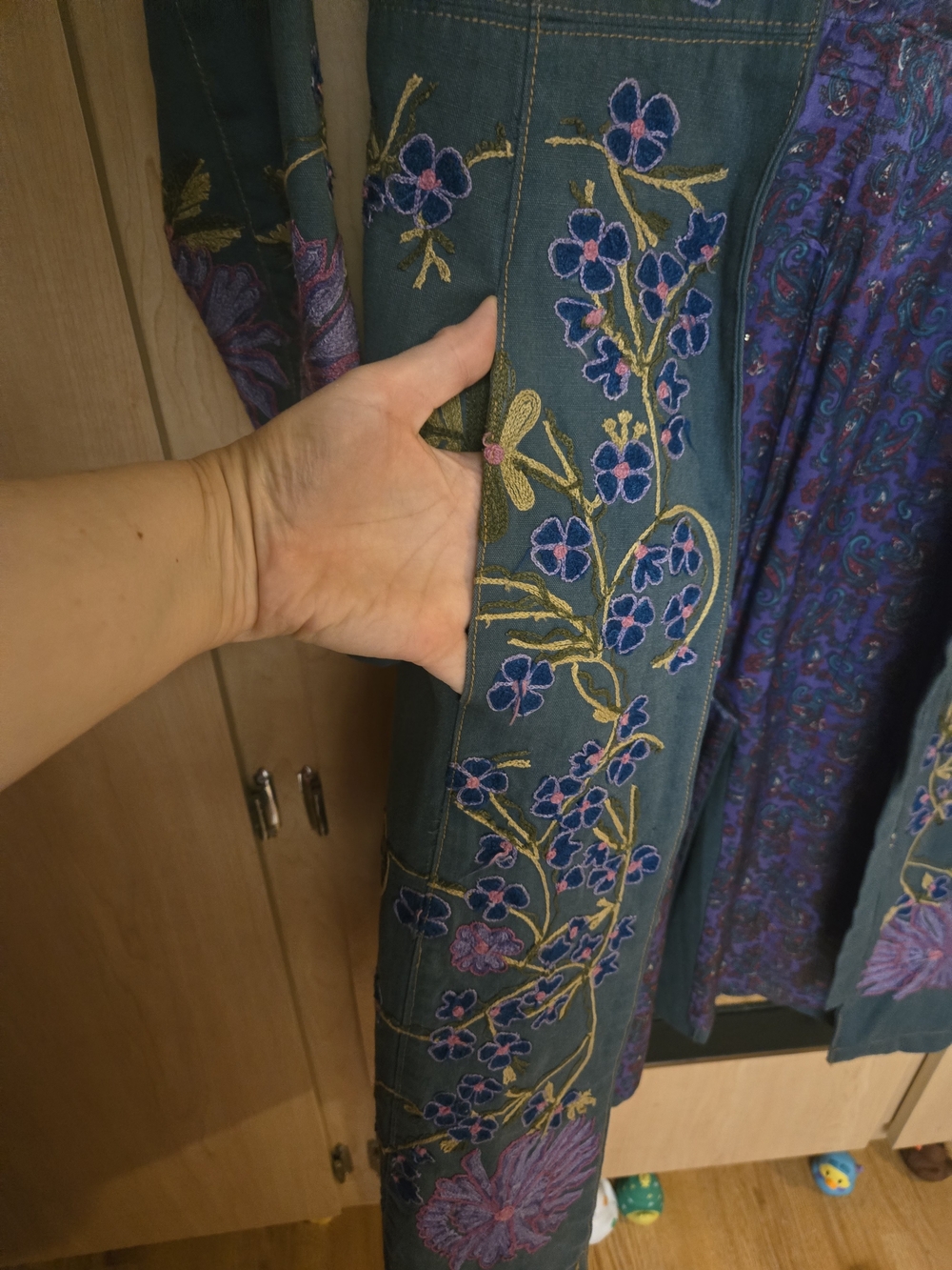 Tracy Reese Teal Trench Coat with Purple Floral Embroidery - Picture 7 of 8